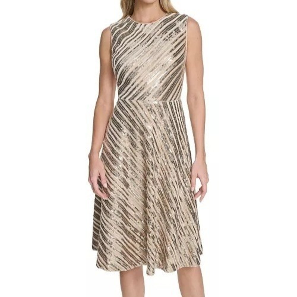 Calvin Klein Sequin Sleeveless Midi Gold Round Neck Zip Dress Womens Size 8 NWT